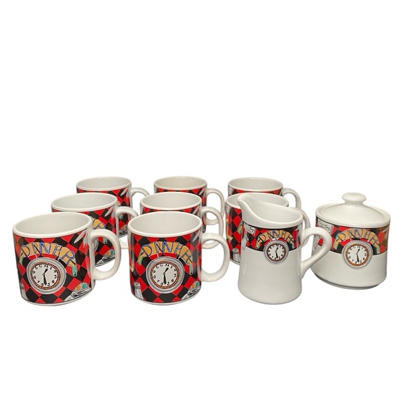 VTG Set Of 10 Sue Zipkin Sakura Clocks Roadside Ceramic MugsCreamer/ Sugar Bowl